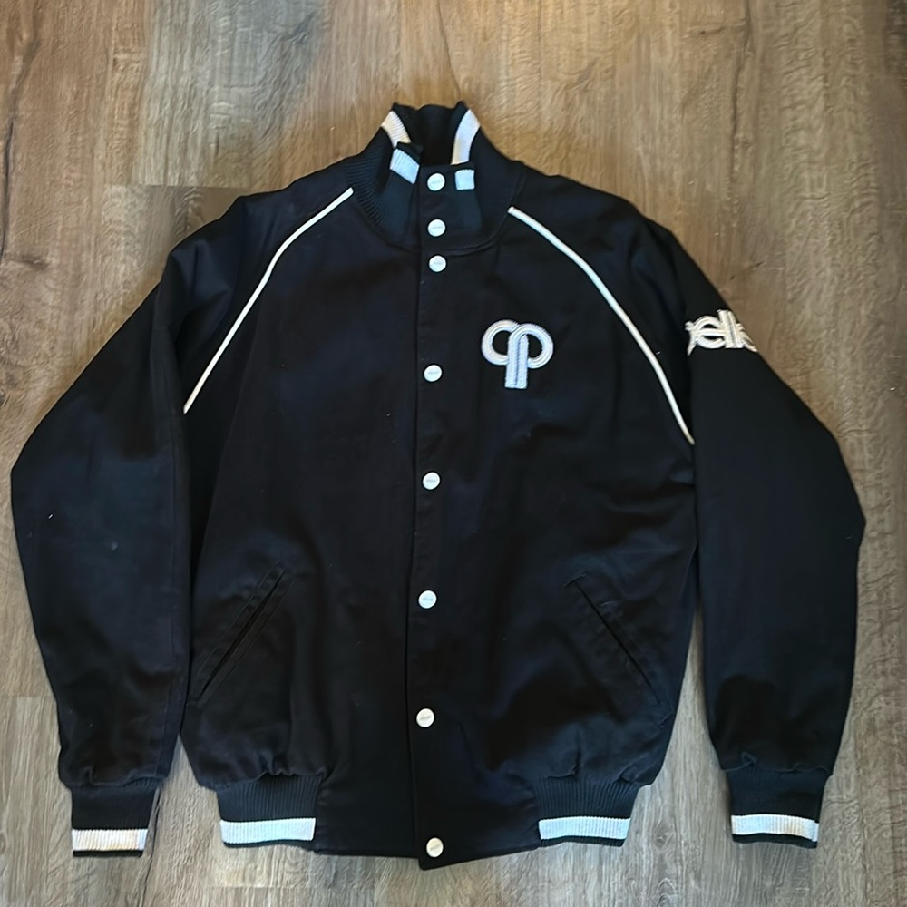 🔥 Vintage Pelle Pelle Black Varsity/Bomber Jacket – White Lettering 🔥